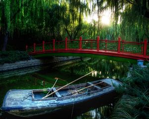 Preview wallpaper boat, bridge, river, china, wood, vegetation, oars