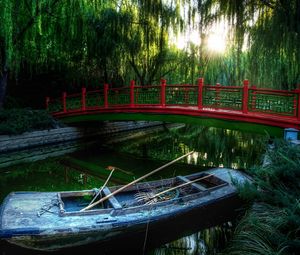 Preview wallpaper boat, bridge, river, china, wood, vegetation, oars