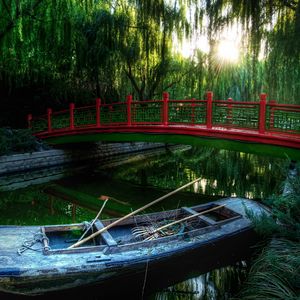 Preview wallpaper boat, bridge, river, china, wood, vegetation, oars