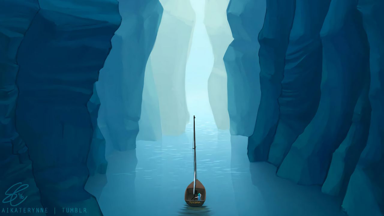 Wallpaper boat, cave, river, art