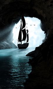 Preview wallpaper boat, cave, water, art, dark