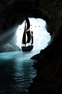 Preview wallpaper boat, cave, water, art, dark