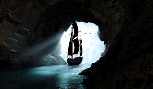 Preview wallpaper boat, cave, water, art, dark