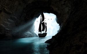 Preview wallpaper boat, cave, water, art, dark