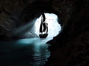 Preview wallpaper boat, cave, water, art, dark