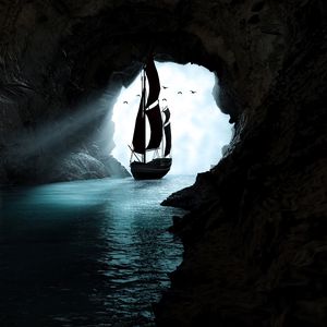 Preview wallpaper boat, cave, water, art, dark