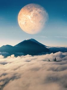 Preview wallpaper boat, clouds, mountains, planet, illusion