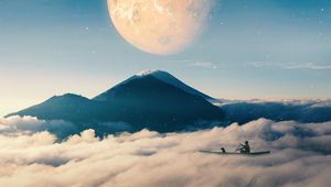 Preview wallpaper boat, clouds, mountains, planet, illusion