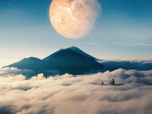 Preview wallpaper boat, clouds, mountains, planet, illusion