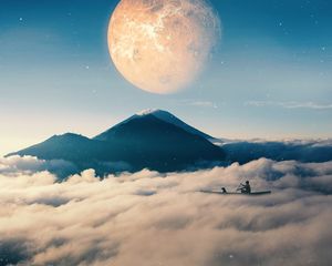 Preview wallpaper boat, clouds, mountains, planet, illusion