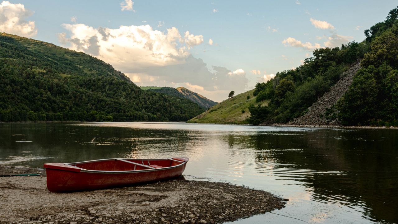 Wallpaper boat, coast, hill, lake, sky