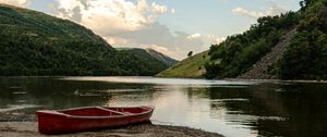 Preview wallpaper boat, coast, hill, lake, sky