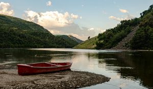 Preview wallpaper boat, coast, hill, lake, sky