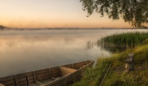 Preview wallpaper boat, coast, mooring, bench, grass, fog, evening