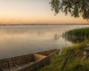 Preview wallpaper boat, coast, mooring, bench, grass, fog, evening