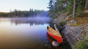 Preview wallpaper boat, coast, red, wood, fog