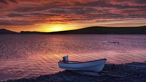 Preview wallpaper boat, coast, romanticism, mountain, decline, ripples