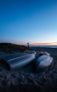 Preview wallpaper boat, coast, sand, sea, dusk