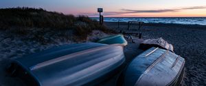 Preview wallpaper boat, coast, sand, sea, dusk