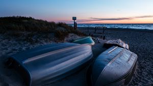 Preview wallpaper boat, coast, sand, sea, dusk