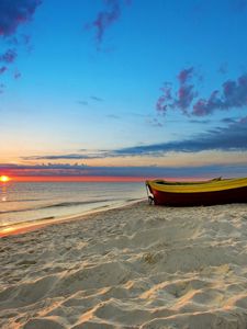 Preview wallpaper boat, coast, sand, evening, decline