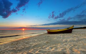 Preview wallpaper boat, coast, sand, evening, decline