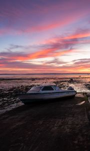 Preview wallpaper boat, coast, sea, sunrise