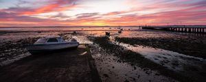 Preview wallpaper boat, coast, sea, sunrise