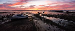 Preview wallpaper boat, coast, sea, sunrise