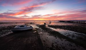Preview wallpaper boat, coast, sea, sunrise