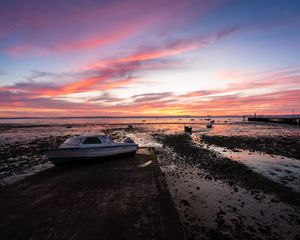 Preview wallpaper boat, coast, sea, sunrise