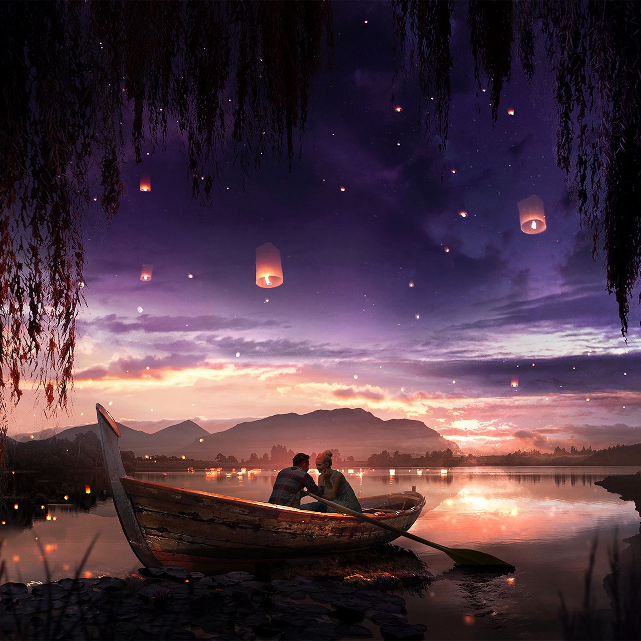 1280x1280 Wallpaper boat, couple, stars, night, romance, art