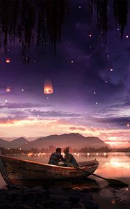 Preview wallpaper boat, couple, stars, night, romance, art