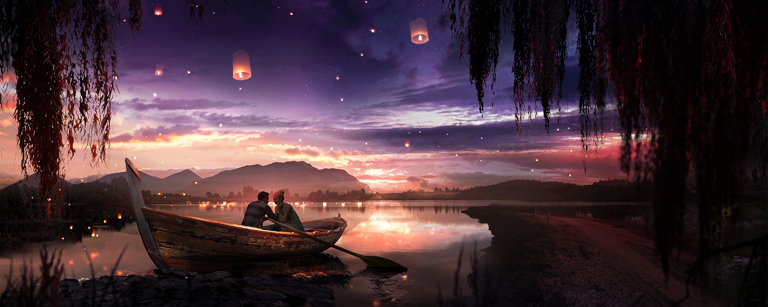 2560x1024 Wallpaper boat, couple, stars, night, romance, art