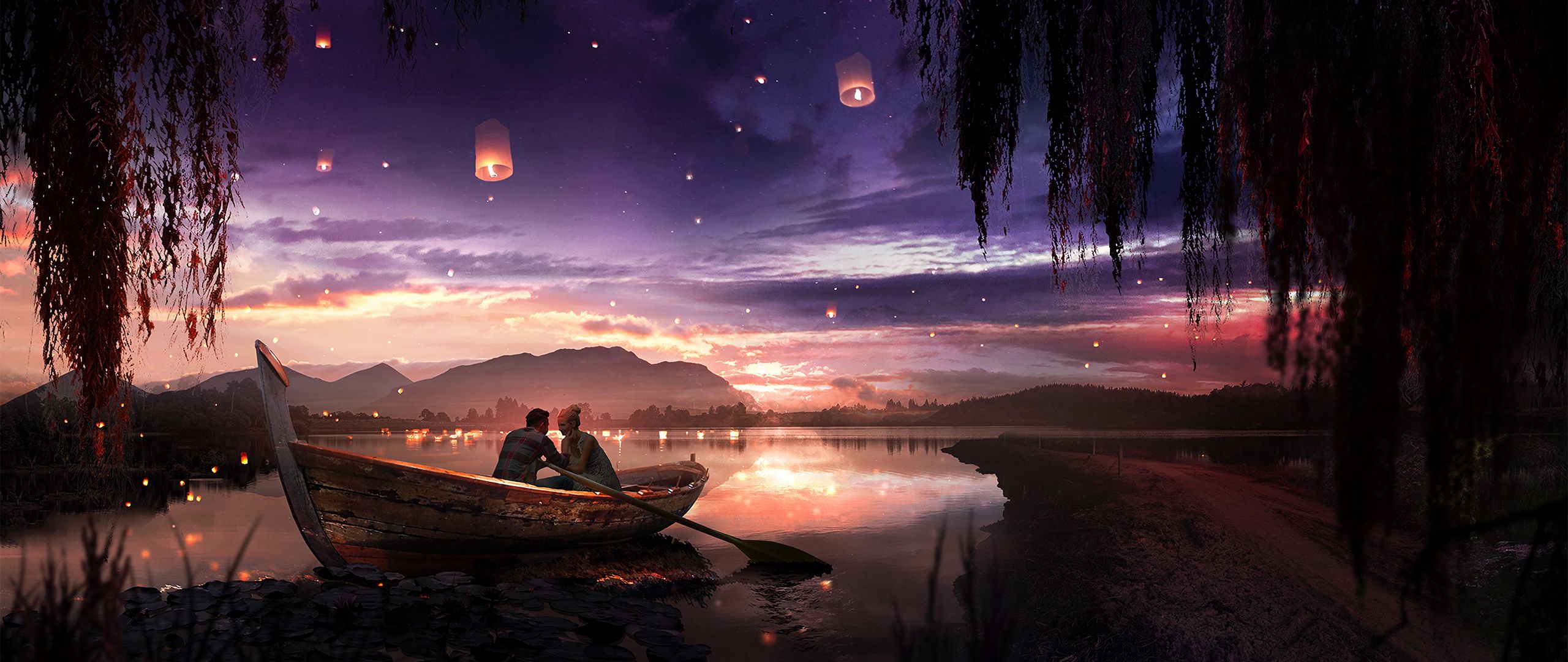 2560x1080 Wallpaper boat, couple, stars, night, romance, art
