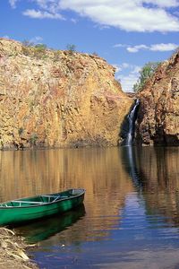 Preview wallpaper boat, falls, rocks, coast, lake, australia