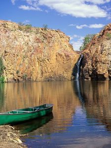 Preview wallpaper boat, falls, rocks, coast, lake, australia