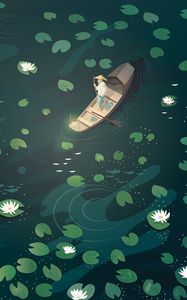 Preview wallpaper boat, fisherman, water lilies, art