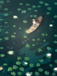 Preview wallpaper boat, fisherman, water lilies, art