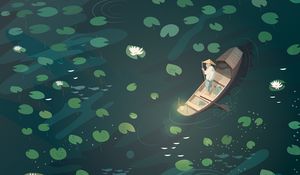 Preview wallpaper boat, fisherman, water lilies, art