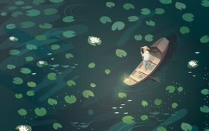 Preview wallpaper boat, fisherman, water lilies, art