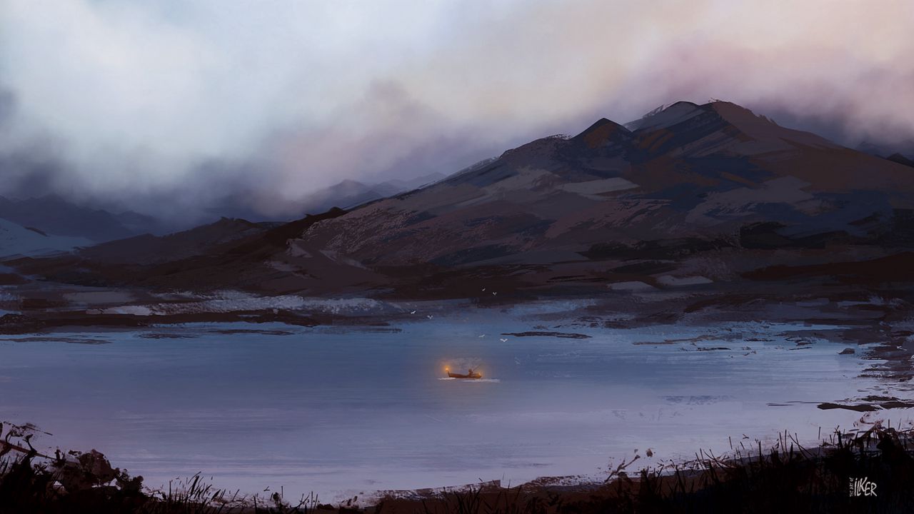 Wallpaper boat, fog, art, lake