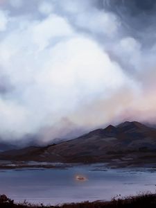 Preview wallpaper boat, fog, art, lake