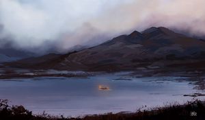Preview wallpaper boat, fog, art, lake