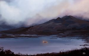 Preview wallpaper boat, fog, art, lake