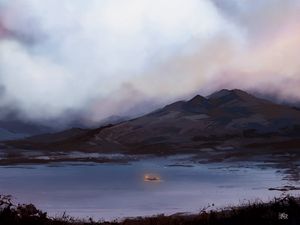Preview wallpaper boat, fog, art, lake