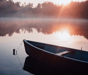 Preview wallpaper boat, fog, rays, water