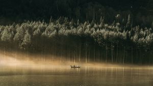 Preview wallpaper boat, forest, hill, water, fog