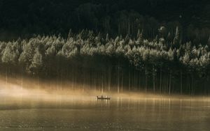 Preview wallpaper boat, forest, hill, water, fog