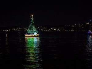 Preview wallpaper boat, garland, christmas tree, river, night, new year, christmas